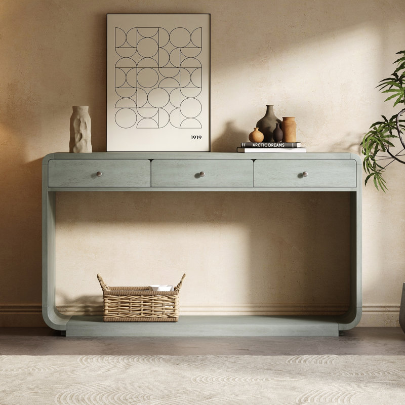Console bleu antique à 3 tiroirs et détails vieillis, Bleu gris, Bleu gris, Bleu gris