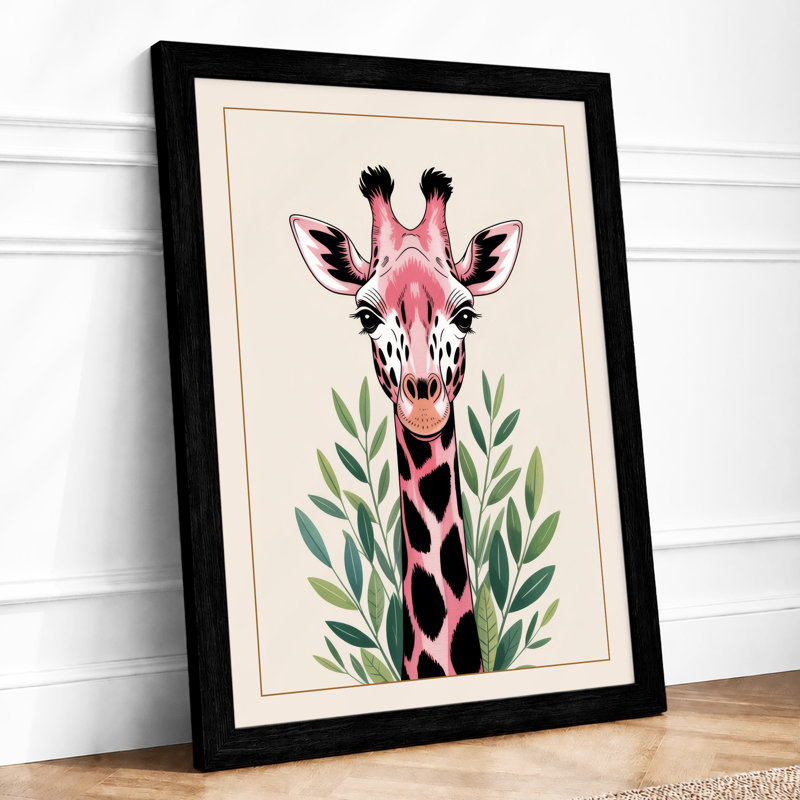Pink Giraffe with Leaves Modern 1 Piece Single Picture Frame Wall Art, A2 - 59.4 x 42.0 cm, Black