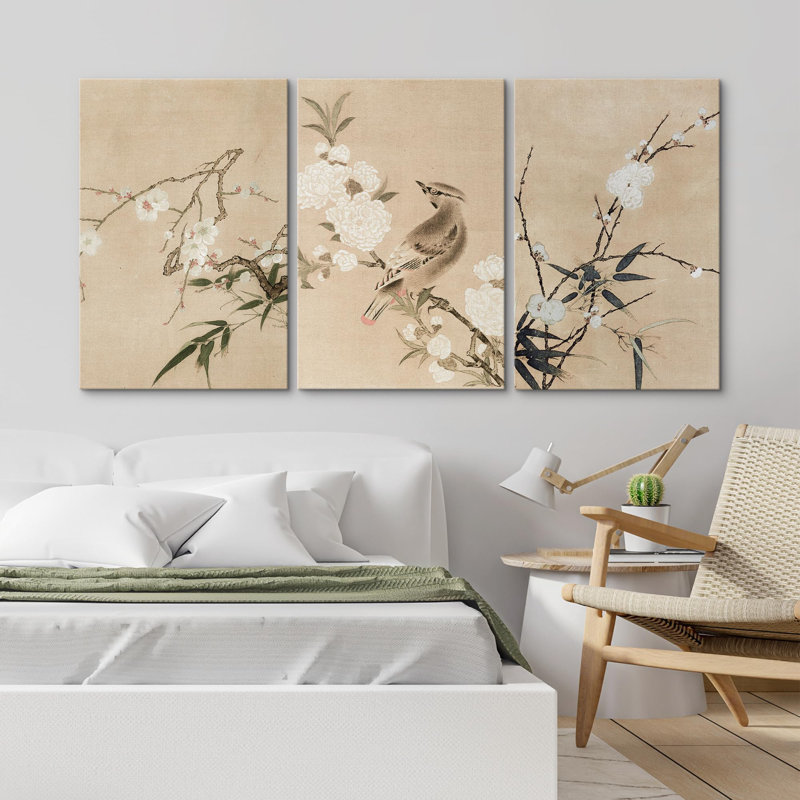 Minimal rose, fleur, arbre, oiseau, illustrations, art moderne, botanique, floral, maison de campagne, Toile tendue