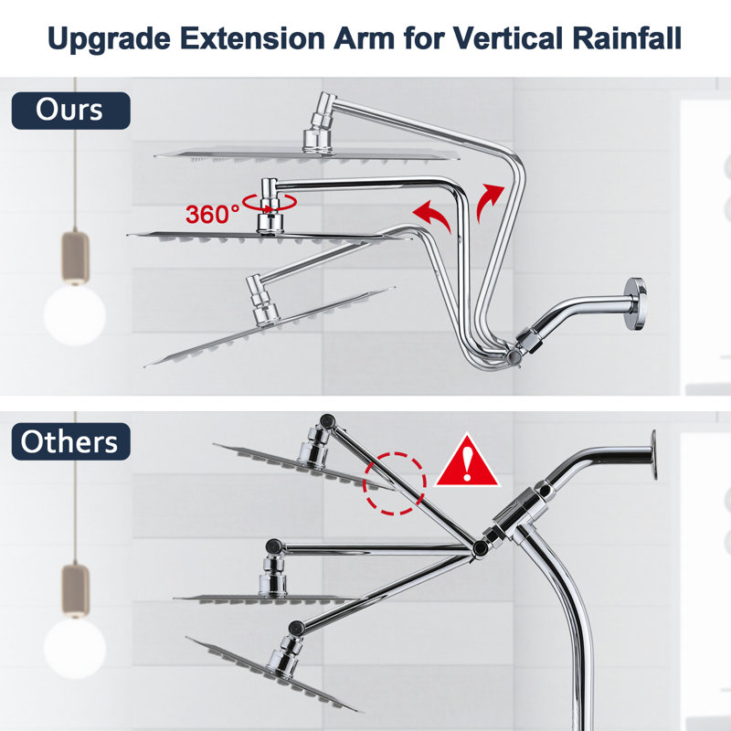 Chrome Square Adjustable Rain Shower Head with Extended Arm