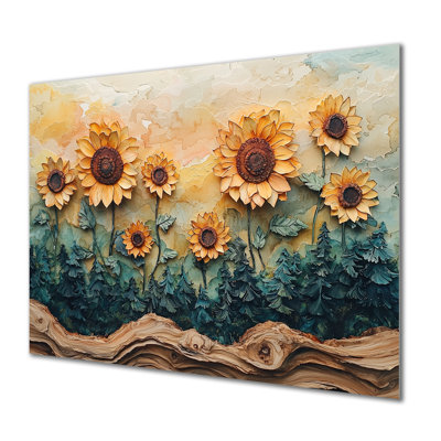 Tournesols fleurs sur un plateau en bois I - Décoration murale en métal tournesols