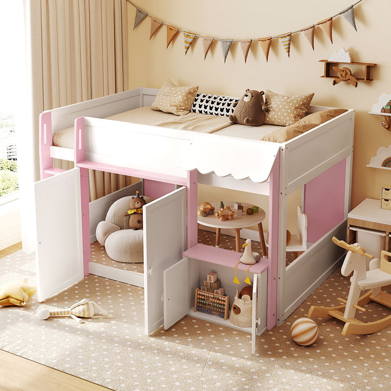 Lit mezzanine double avec maisonnette et rangement, Blanc / Rose