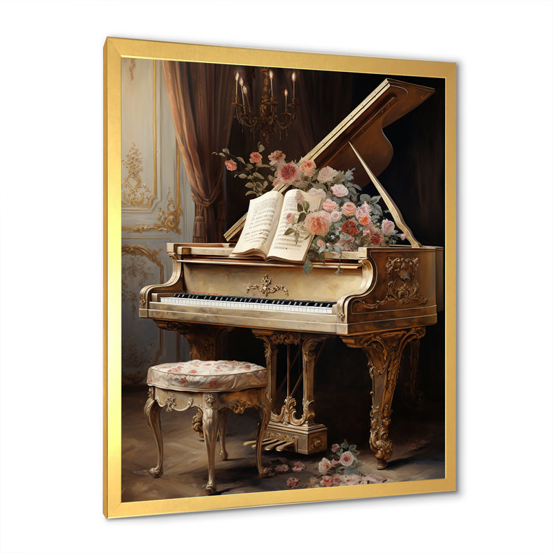 «French Baroque Piano Brilliance I - Décoration murale encadrée musique, Cadre doré simple, H 32 po x l 24 po x P 1 po