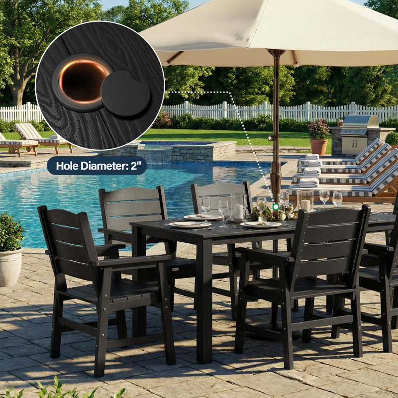 Patio Dining Set for 6 Person All Weather 7 Piece HIPS Outdoor Patio Table and Chairs Set with Umbrella Hole & Aluminum Frame Plastic Outside Furniture for Backyard, Garden, Deck, Poolside, Black