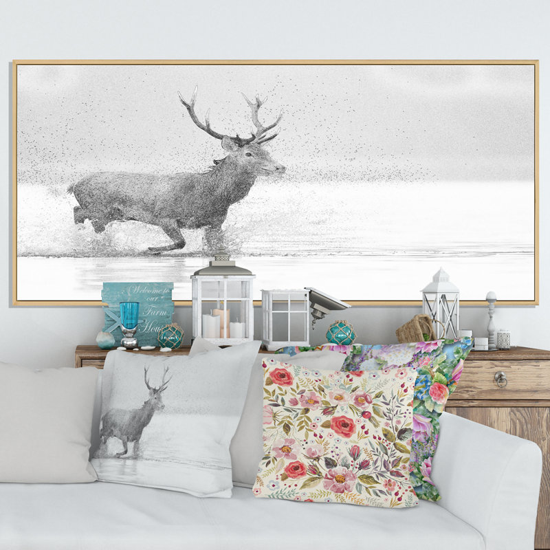 Dessin d'un cerf noir et blanc II - photographie sur toile, H 12 po x l 20 po x P 1 po, Cadre brun