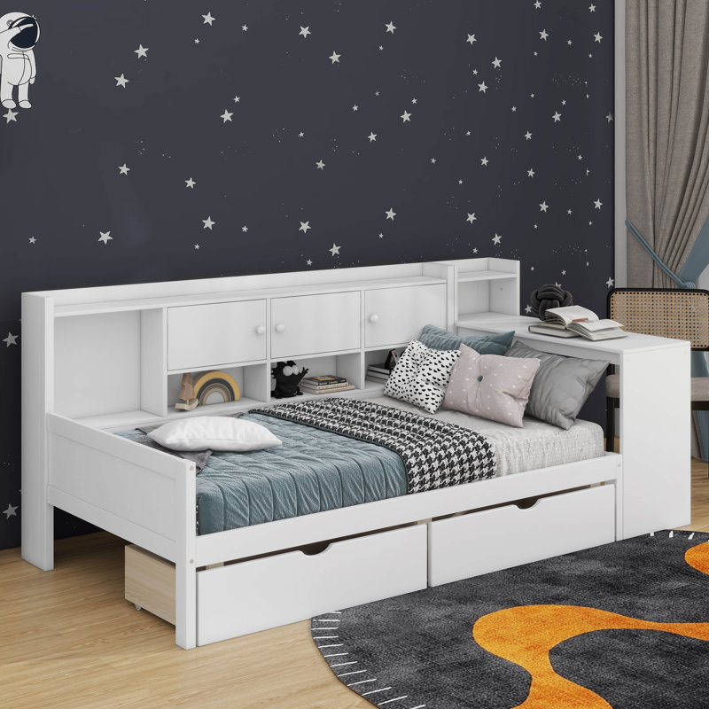 Twin Size Wooden L-Shape Daybed With Cabinets And Two Storage Drawers, Multi-Functional Bed With Study Desk And Built-In Bookshelf