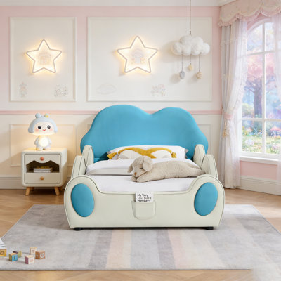 Cute Cloud Shape PU Leather Kids Bed With Guardrails, Safety Toddler Bed With Cartoon Blue& Design And Storage Pocket