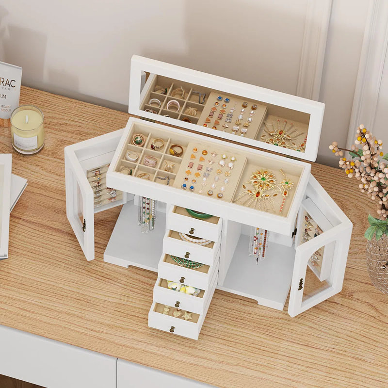 Jewelry Box, Wooden Jewelry Organizer Box With Mirror, White