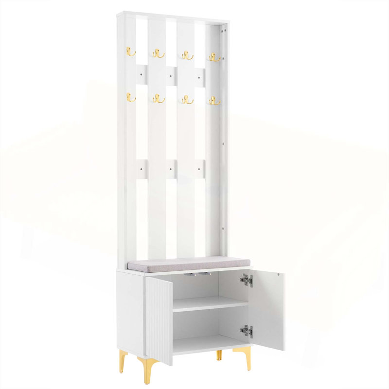 Modern Luxury 4-in-1 Hall Tree with Cushion, Versatile Coat Rack with 8 Gold Hooks and Legs, Entryway Bench with Adjustable Shelves & Fluted Doors for Hallway, Living Room
