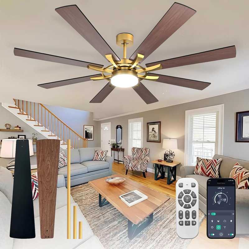 72-Inch Ceiling Fan With Light: Farmhouse 8-Blade Walnut And Gold Indoor Outdoor Fans With Remote App Control Dimmable Light - Ultra Quiet DC Motor Reversible 6 Speed Timer