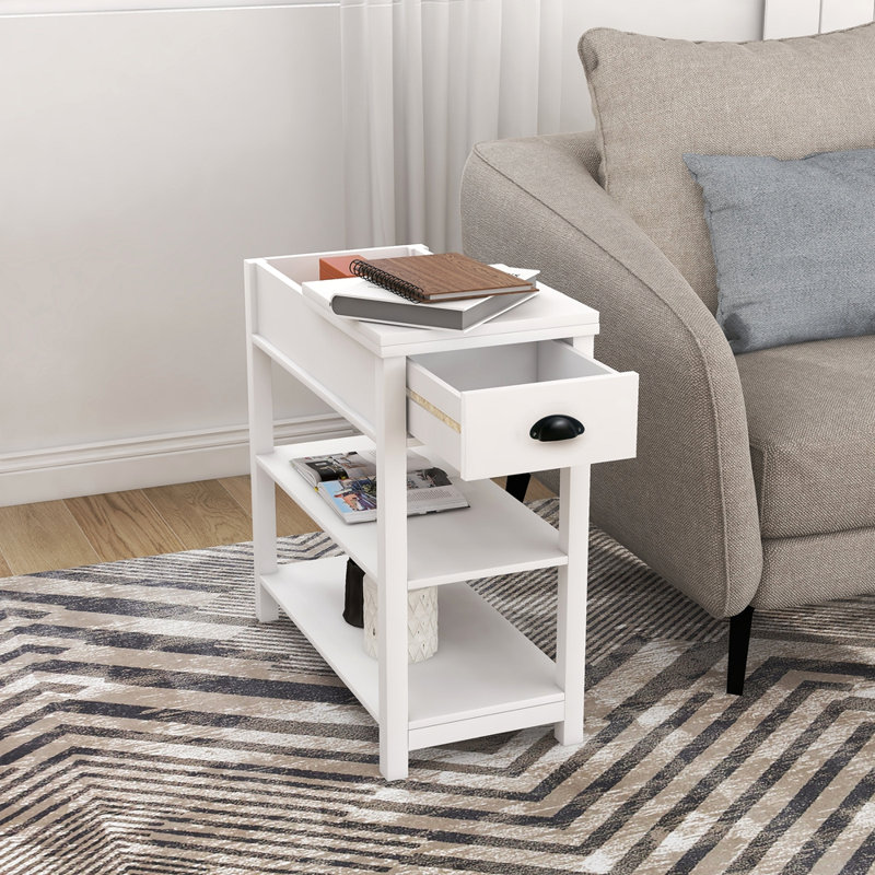 Table de bout étroite avec plateau rabattable, tiroir et 2 tablettes pour le salon et la chambre à coucher, Blanc