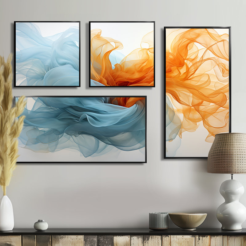Art mural à l'encre liquide orange vif et turquoise III - formes abstraites, 4 pièces, Impression encadrée sans passe-partout