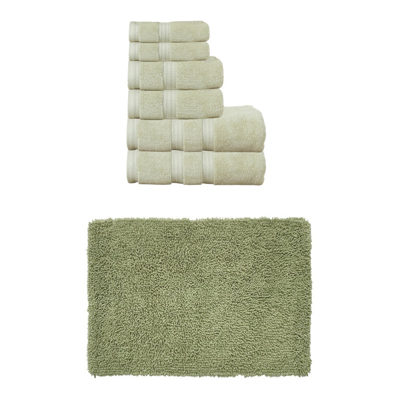 Ensemble de serviettes de bain 100% coton doux 2 pièces et 1 tapis de bain 21x34 "Fantasia Collection, (ensemble de 3), Vert