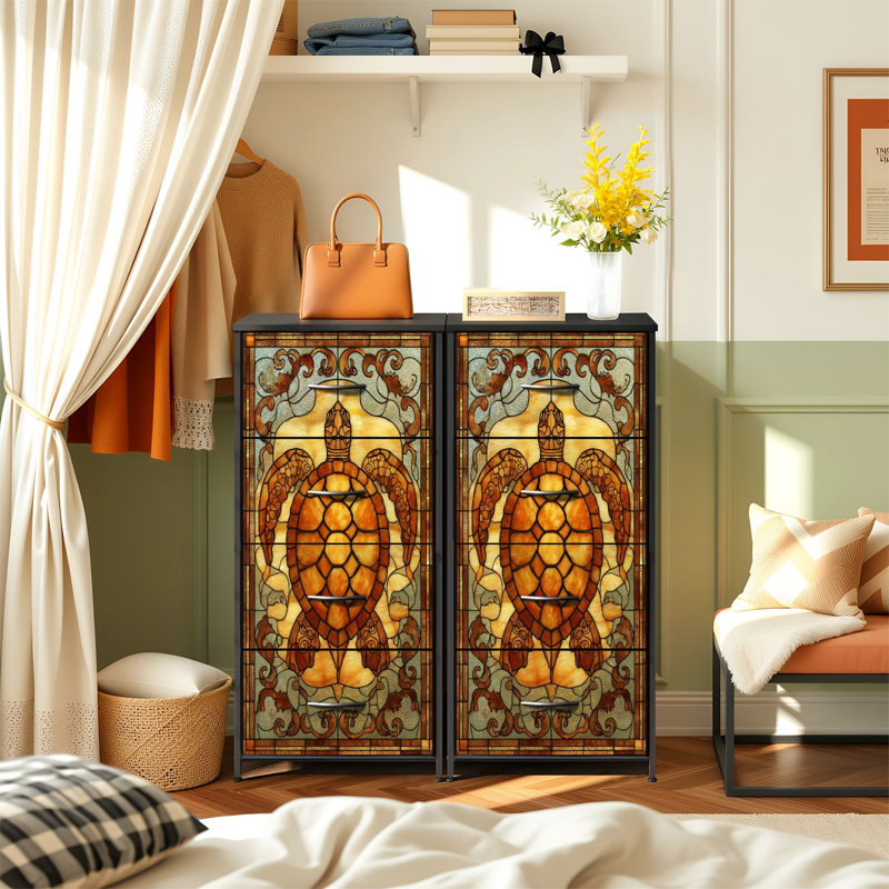 Commode de style vitrail pour la chambre à coucher avec 4 tiroirs de rangement Commode à commode en verre teinté Mystical Amber