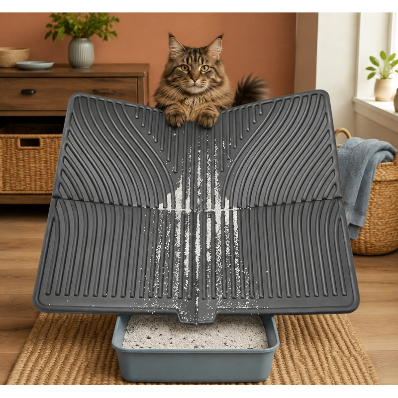 Black 31 x 24 in large litter mat that is waterproof and washable, with a soft-on-paws litter-catching surface, scatter control, and coverage that fits most litter boxes; suitable for both dogs and cats.