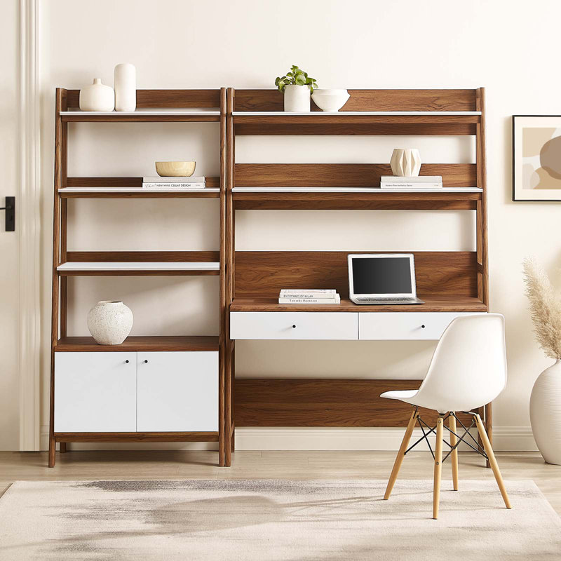 Walnut White 2-Piece Wood Office Desk and Bookshelf