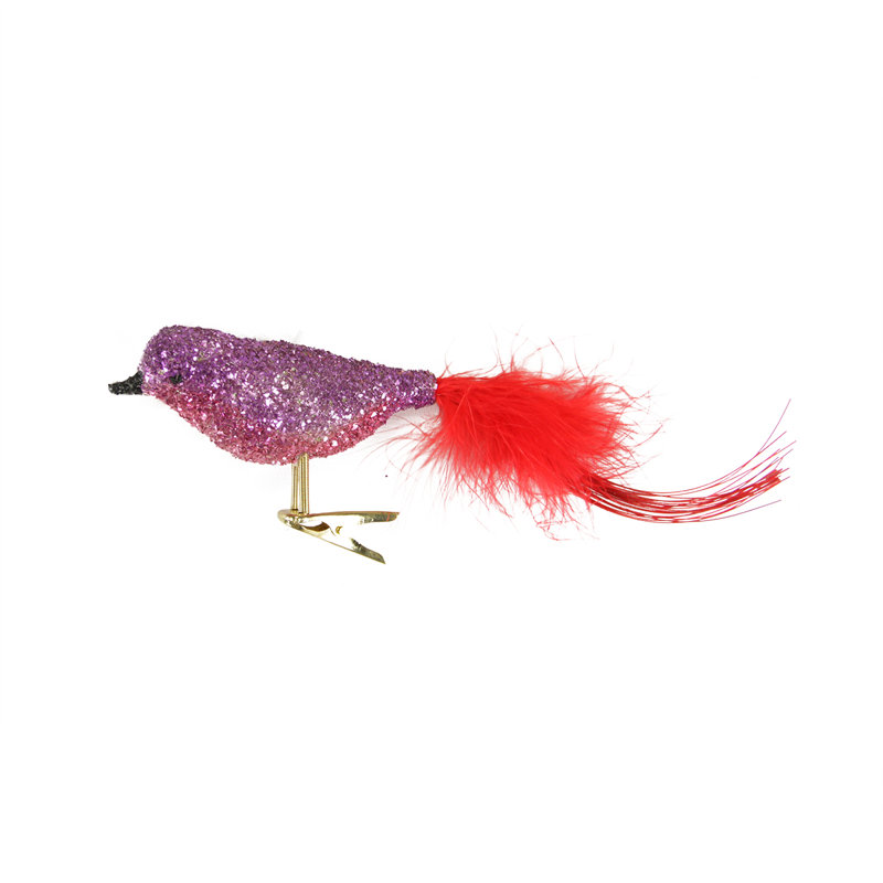 Ornement de Noël 8 po à paillettes mauve et rouge avec queue de plume