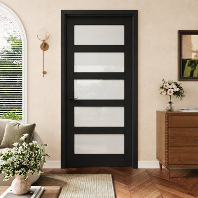 36" x 80" 5-Lite Black Prehung Door, Frosted Glass Interior Prehung Door with Black Hinges, Privacy Glass Door Slab with Black Frame, Sound-Dampening & Waterproof, Suit For Laundry, Bathroom, Kitchen, Closet Doors, Room Doors, Right Hand