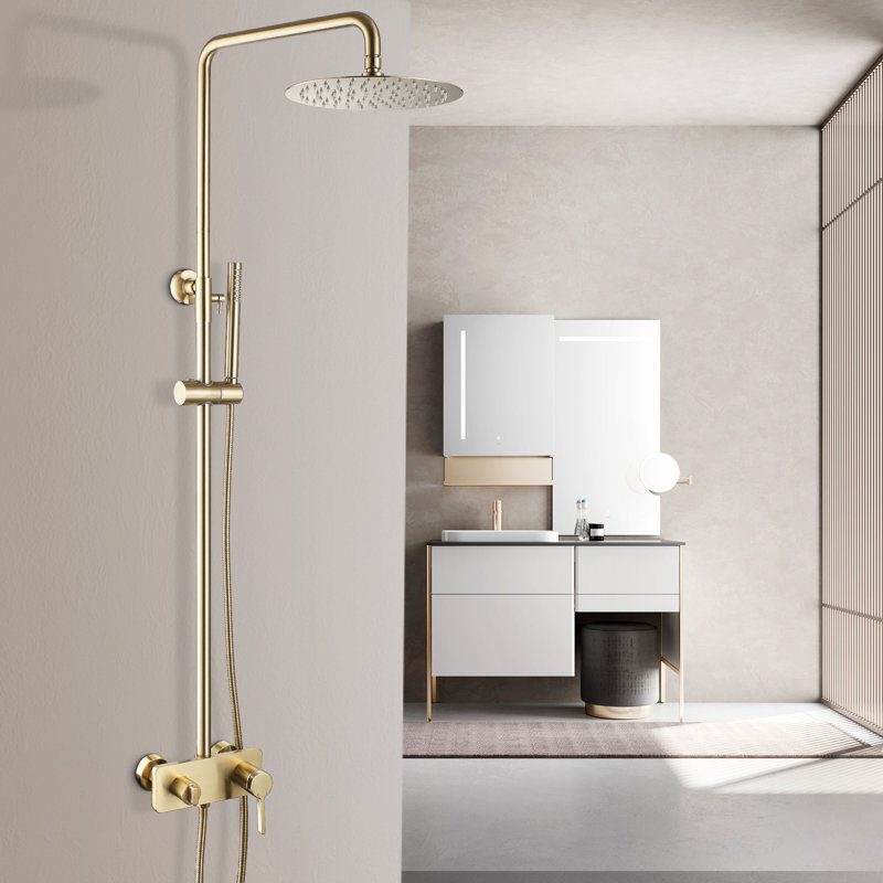 Système de douche complet en laiton massif réglable en hauteur 44,8 po avec valve brute, Or brossé