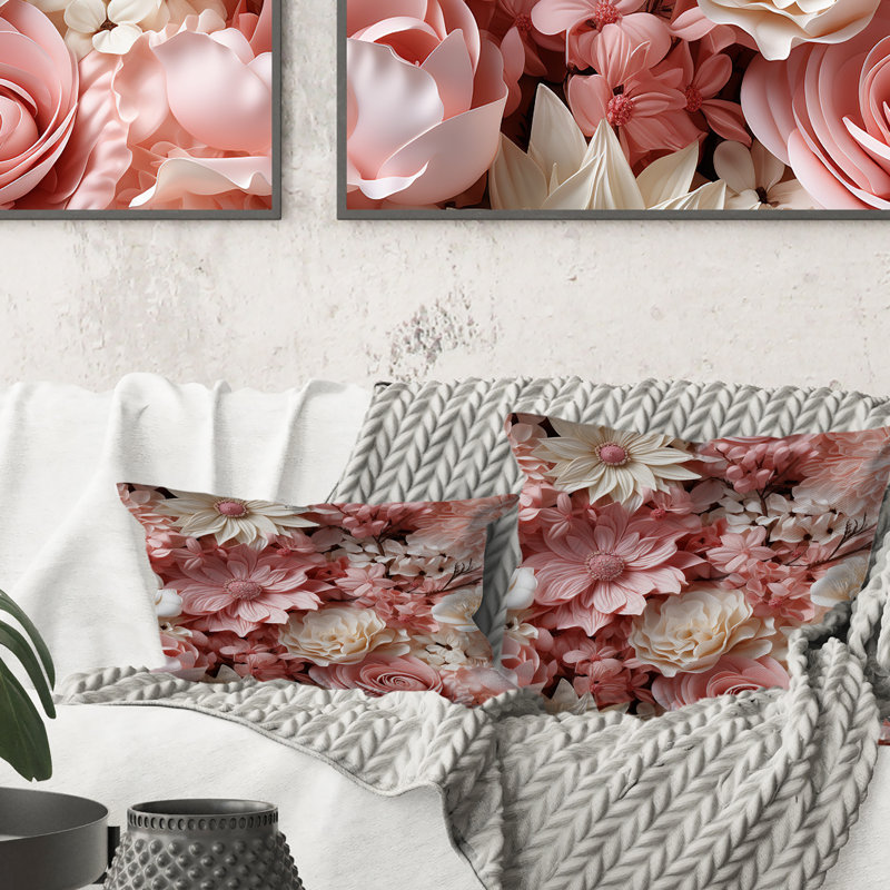 Rose et blanc, dentelle romantique, chuchotement, fleurs I - coussin à imprimé floral