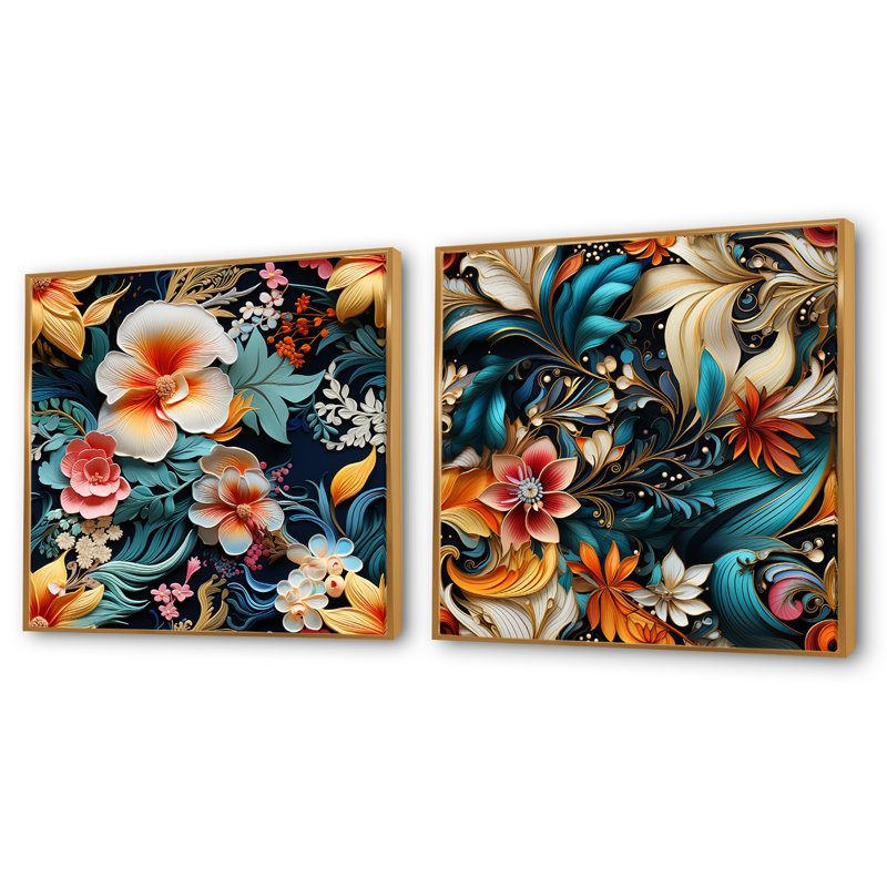 Farrel - Ensemble de 2 collages floraux et botaniques carrés, H 16 po x l 33 po, Cadre flottant doré