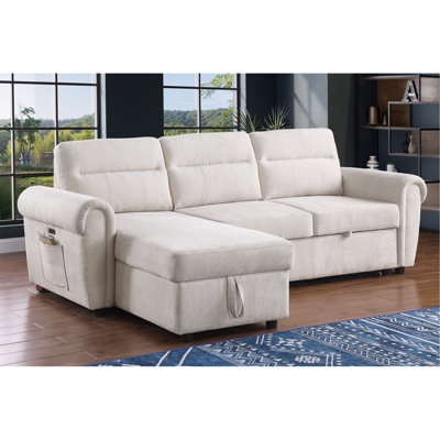 Hugo 97"W Beige Chenille Reversible Sleeper Sectional Sofa Chaise With USB Charger