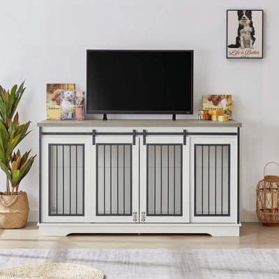 Multifunctional TV Stand Dog Crate with Double Spaces, Ideal for Multiple Dogs and Home Decor, Featuring Storage and Comfort