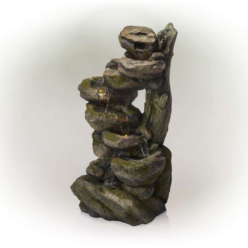 Rustic Gray and Brown Multi-Tier Stone Fountain with LED Lights