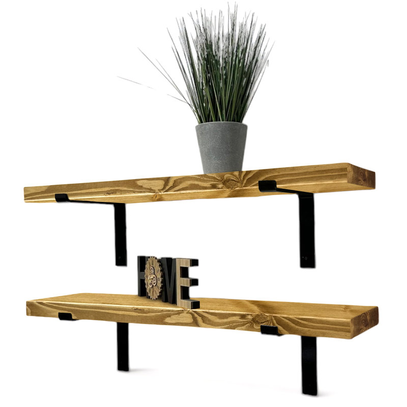 Lemieux Handcrafted Rustic Wooden Wall-Mounted Floating Shelves with Black L Brackets, 4.5cm H x 60cm W x 22cm D, Black
