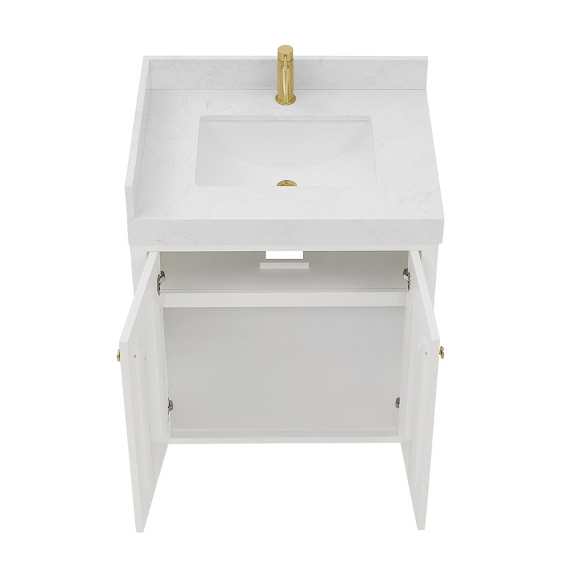 Meuble-lavabo simple 30 po en blanc avec plateau en pierre à grain blanc Autry, Blanc