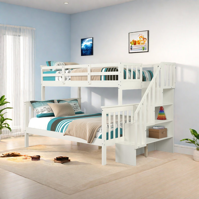 Lit superposé simple au-dessus de double avec rangement et garde-corps pour chambre à coucher Stairway, Blanc