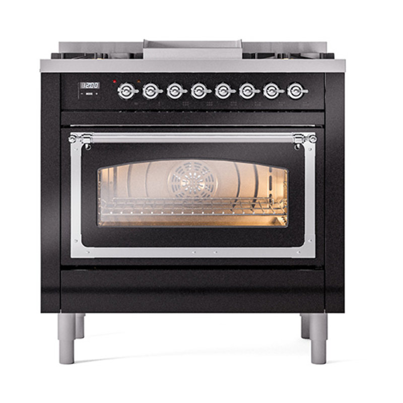 ILVE Nostalgie II Noblesse 36 in Dual Fuel Range, Glossy Black/Chrome, Liquid Propane