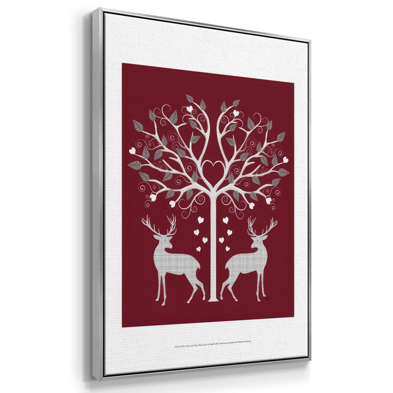 Christmas Des - Deer and Heart Tree, gris sur fond rouge, reproduction sur toile, H 25 po x l 17 po x P 1,5 po, Argent
