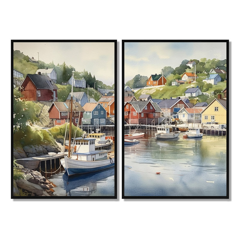 Petite ville portuaire de la Norvège III - Impressions d'art traditionnelles sur toile 2 pièces, 36'' H x 48'' W, Black