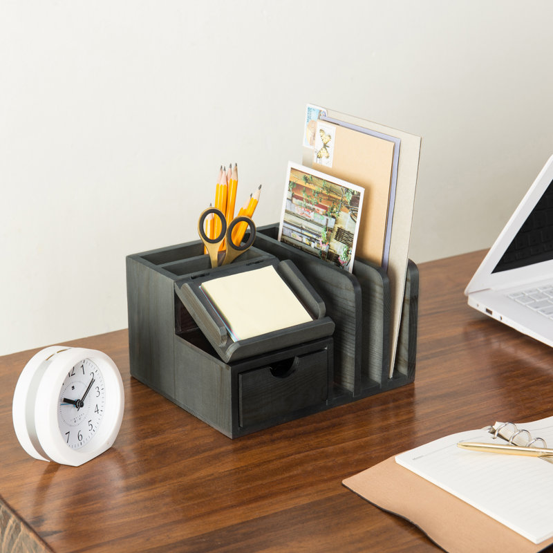 Isocrates Solid Wood Desk Organiser, Dark Grey