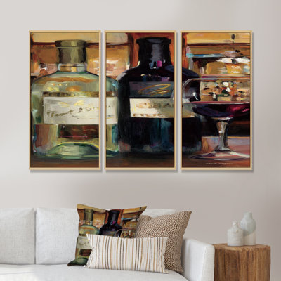 A Reflection Of Wine Bottle II - ensemble d'art mural sur toile traditionnel encadré de 3