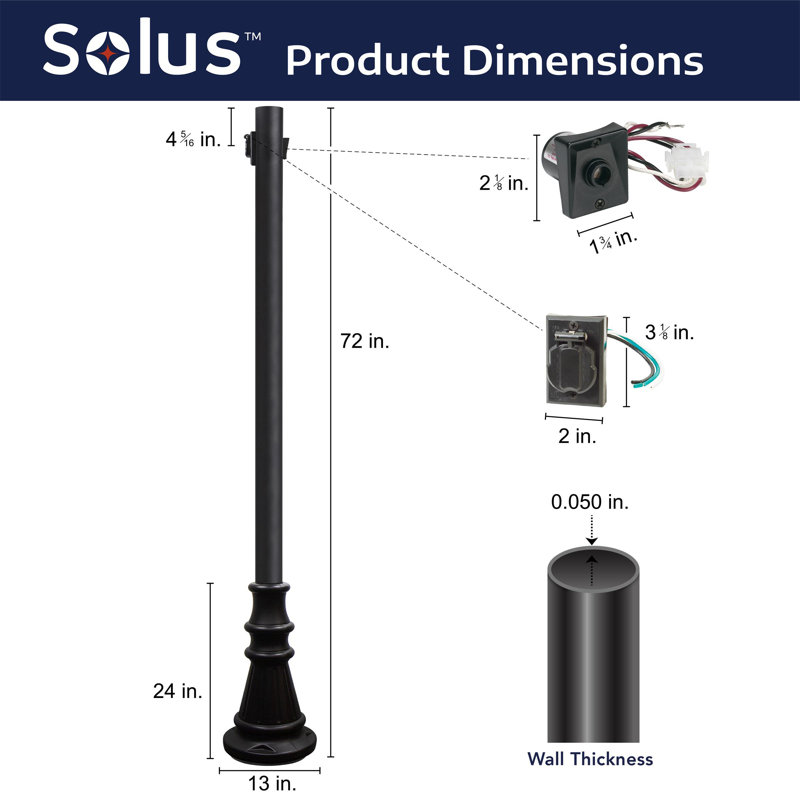 Solus 6ft. Surface Mount Lamp Post with Convenience Outlet, Dusk-to-Dawn Sensor, and Decorative Base Cover