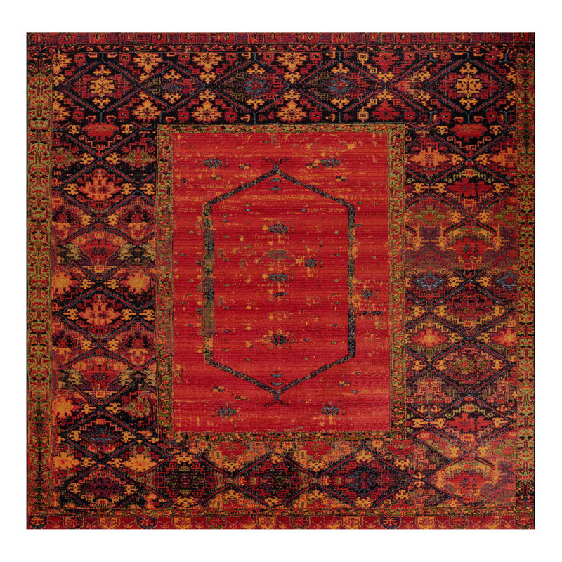 Tapis oriental rouge / jaune / noir intérieur / extérieur Gurrola, Carré 12 pi