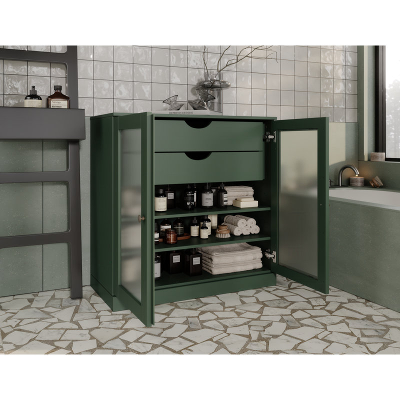 100% Solid Wood 32" Bathroom Cabinet with Frosted Glass Doors, 2-Drawers and Adjustable Shelves, Green