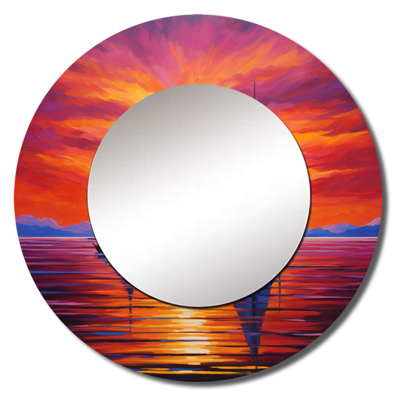 Voilier coucher de soleil voiles - bateau unique voilier miroir, miroir rond moderne, impression d'art en métal