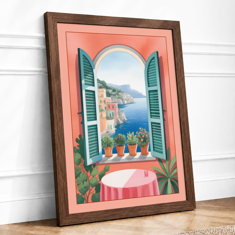 Mediterranean Window View Coastal - Framed Print, Walnut, A4 - 29.7 x 21.0 cm
