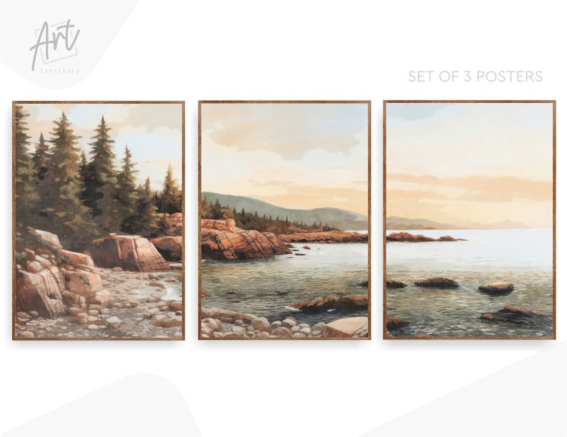Acadia National Park, Wall Art, Watercolor Print, No Frame Poster With Wrapped Canvas (Set of 3), 47" H x 99" W x 1.5" D