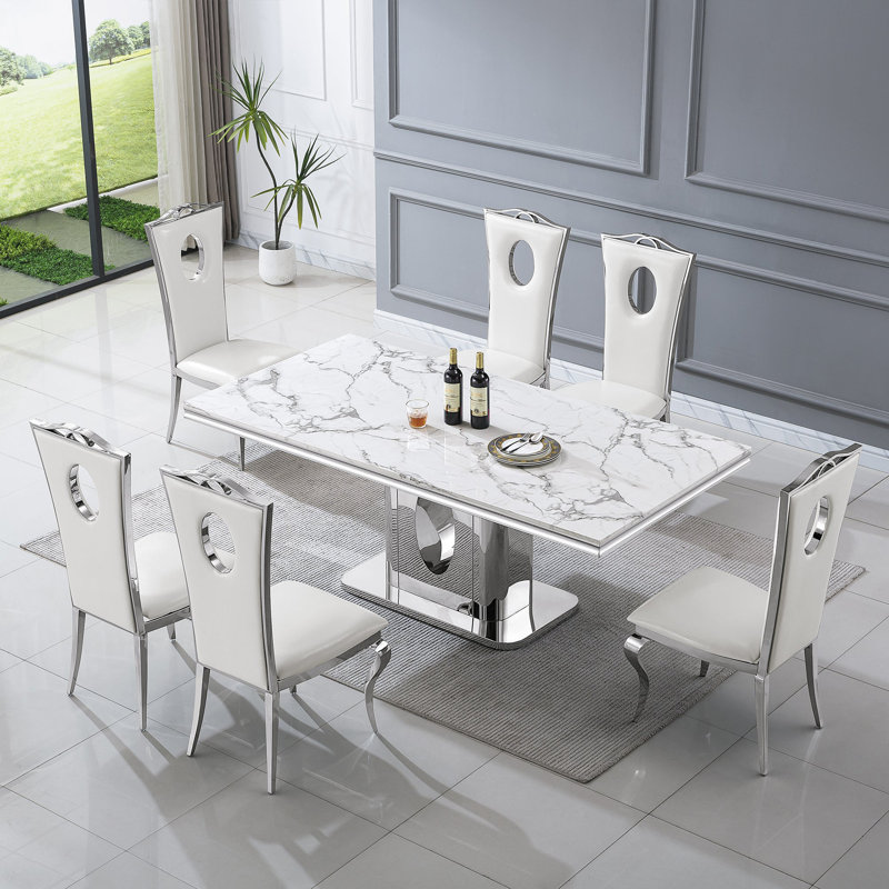 Table de salle à manger Burdell Dt318, Argent argent, Blanc / Blanc