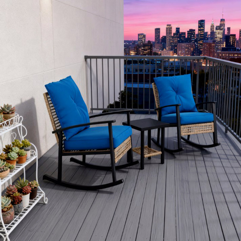 Patio Furniture Set Rattan Rocking Chairs, Coffee Table Button Tufted Cushions With, Blue