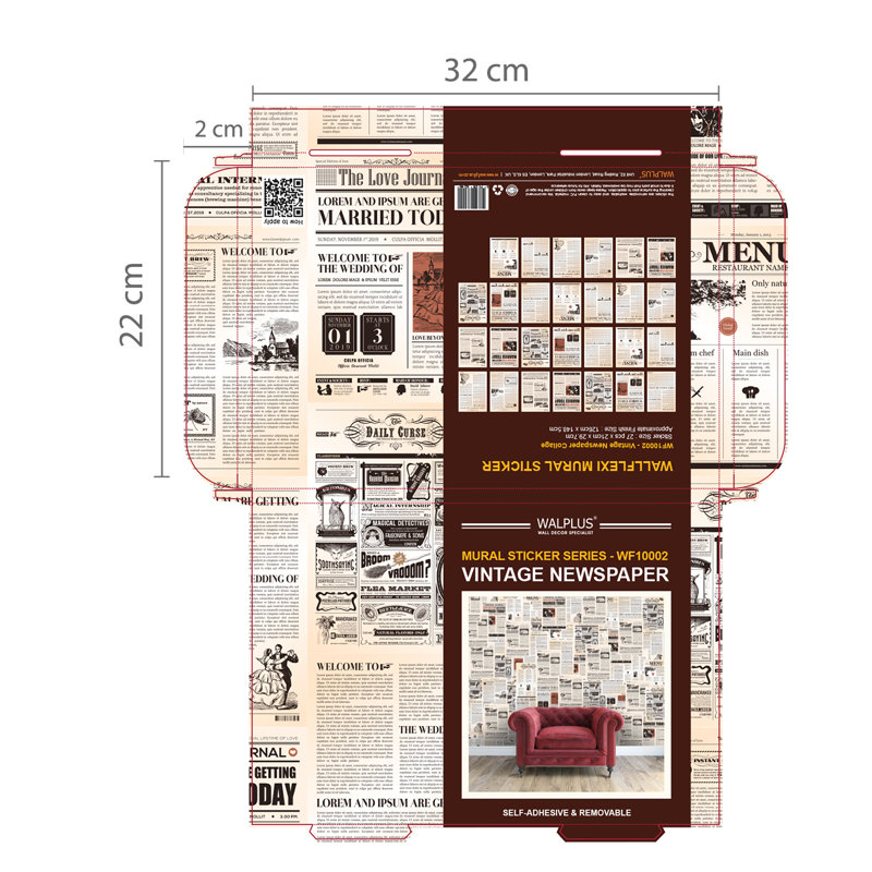 Décalcomanie murale rétro, H 118,8 po x l 147 po, Rouge / Beige