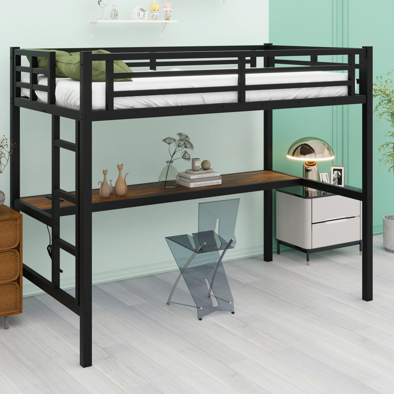 Metal Loft Bed With Power Outlet And LED Lighted, Space-Saving