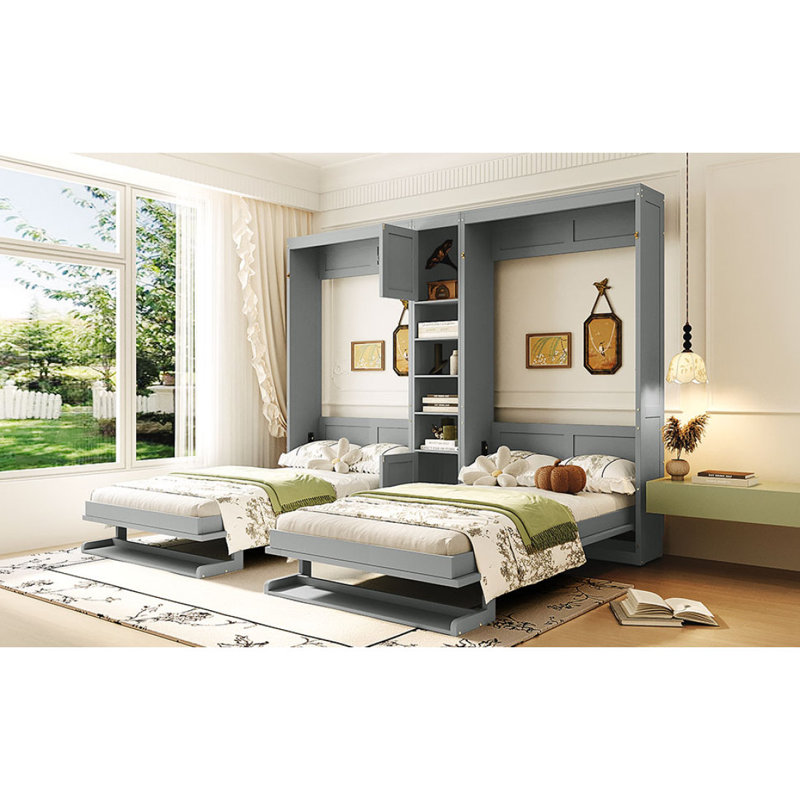 Lits simples escamotables doubles avec armoires et tablettes, Gris