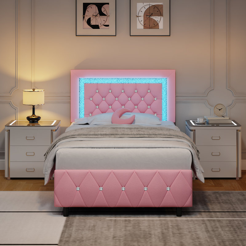 Alber Upholstered Platform Bed Frame with LED Lights & Storage Drawers - Diamond Tufted Headboard & Footboard, Modern Bedroom Furniture