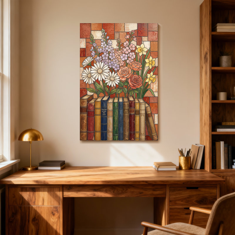 Arrangement floral de plantes et fleurs sur une étagère avec fond brique, H 40 po x l 28 po