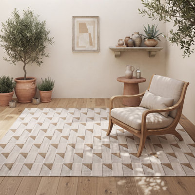 Tapis à motif géométrique moderne / minimaliste à carreaux crème / beige / brun pour salon, chambre à coucher, patio, terrasse